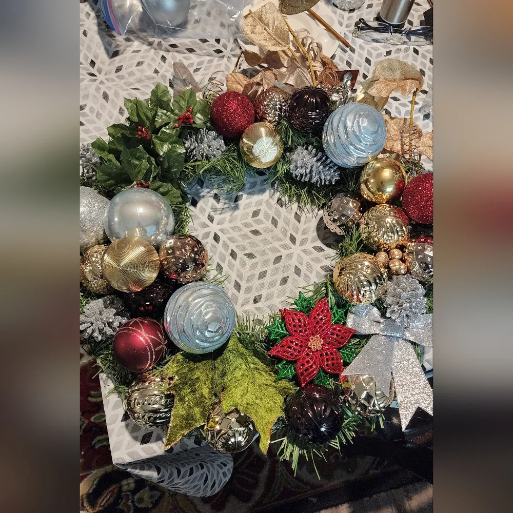 Festive Holiday Wreath with Red, Gold, and Silver Accents